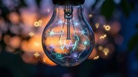 Glowing light bulb with magical sparkles and warm bokeh lights creating enchanting atmosphere for creativity and innovation concepts.