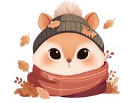 Cute woodland mouse wearing knit beanie and cozy scarf surrounded by autumn leaves and berries, cartoon style illustration on white background for children decor.