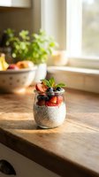 Chia seed pudding with fresh strawberries and blueberries in glass on wooden kitchen counter by window with natural sunlight and plants.