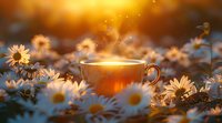 Steaming cup of tea surrounded by blooming daisies at golden sunset, creating magical atmosphere for relaxation and mindfulness perfect for wellness and lifestyle designs.