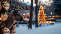 Majestic reindeer decoration against snowy winter background with glowing Christmas tree and bokeh lights creating magical holiday atmosphere in evening park.