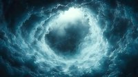 Dramatic upward view through swirling storm clouds forming circular vortex pattern with glowing light in dark turquoise sky, creating supernatural atmospheric effect.
