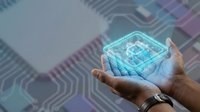 Hands holding glowing digital cube with circuit board pattern, representing technology, innovation, and data processing for business and tech concepts.
