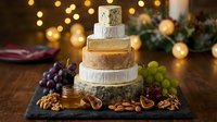 Gourmet cheese wheel tower with grapes nuts and crackers on slate board with warm bokeh lights creating elegant appetizer display for holiday entertaining.