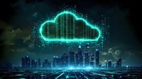 Futuristic cityscape with glowing neon cloud symbol floating above skyscrapers at night, digital grid pattern and particles representing cloud computing technology.