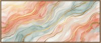 Fluid abstract waves in soft coral, peach, and sage tones create an organic flowing pattern. Suitable for backgrounds, wallpapers, and contemporary design projects.