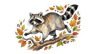 Raccoon walking on branch surrounded by autumn leaves in watercolor style, isolated on white background for design projects.