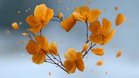 Orange poppy flowers blooming on delicate stems with falling petals against soft blue sky background for spring garden and botanical designs.