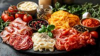 Italian antipasto platter with assorted cured meats, cheese, pasta, fresh tomatoes, herbs and spices on dark stone background, traditional Mediterranean appetizers.