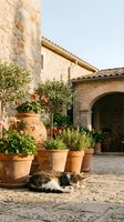 Tabby cat sleeping on a stone courtyard beside terracotta pots with geraniums and olive trees near a rustic Mediterranean villa arch.