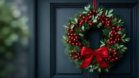 Traditional Christmas wreath with red berries, green foliage, and large red bow hanging on dark door, creating festive holiday atmosphere.
