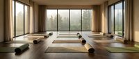 Serene yoga studio with mats arranged on wooden floor, large windows overlooking peaceful forest landscape for meditation and wellness practice.