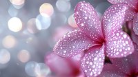 Pink plumeria flower with morning dew drops on petals against blurred bokeh background creates dreamy romantic atmosphere for nature photography.