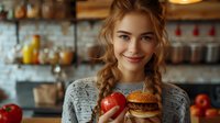 Young woman with braided hair holding fresh apple and burger, representing healthy versus fast food choices in modern cafe setting. Perfect for nutrition and lifestyle blogs.