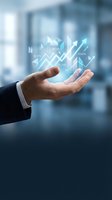 Businessman hand presenting holographic financial data charts and growth arrows in modern office environment for business analytics and investment planning.