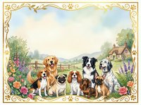 Adorable group of dogs in countryside garden with decorative floral border frame, featuring various breeds sitting together in pastoral landscape setting.