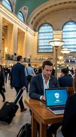Middle-aged Caucasian male businessman working on laptop with VPN security software displayed in grand terminal hall with arched ceiling, classical columns, and commuters. For corporate, technology, and travel concepts.