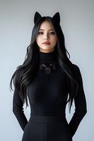 Young Asian woman with long black hair wearing cat ears and black turtleneck dress against light background. Mysterious and elegant portrait with minimal styling.