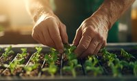Senior farmer's hands planting young seedlings in germination tray during spring season. Close-up view shows careful placement in fertile soil with natural sunlight.