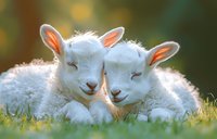 Two adorable white baby lambs cuddling together in spring grass with soft bokeh background, showing tender moment between young sheep siblings at sunset.