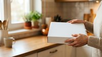 Woman in beige sweater holding blank white box at wooden desk with potted plants and natural window light, suitable for product packaging, unboxing content, and delivery concepts.
