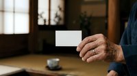 Senior man with weathered hands holding blank white business card indoors, wearing blue shirt. Suitable for corporate identity, professional networking, and business communication concepts.