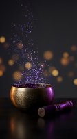 Ornate singing bowl with wooden mallet emitting magical purple sparkles and glowing particles against dark background with warm bokeh lights.