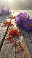 Purple crocus flowers and saffron spice threads on rustic wooden table with warm sunlight for culinary and spring cooking concepts.