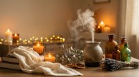 Aromatherapy spa setup with essential oil diffuser releasing steam, candles, lavender, and amber bottles creating relaxing wellness atmosphere.