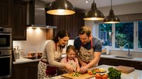 Family of three preparing meal together in modern kitchen with dark cabinetry, pendant lighting, and fresh vegetables on counter for cooking and bonding activity.