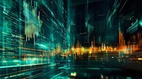 Futuristic digital cityscape with glowing green and orange data visualizations representing advanced technology and financial analytics in urban environment.