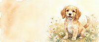 Adorable golden retriever puppy sitting in white daisy field with soft watercolor background for greeting cards and pet-themed designs.