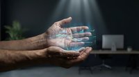 Elderly man's weathered hands cupped together holding glowing blue digital holographic projection in dark room with dramatic lighting for technology concepts.