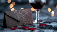 Elegant black glittery envelope with red heart decorations on dark marble surface near wine glass, romantic bokeh lights in background for Valentine's day celebration.