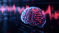 Digital brain visualization with glowing pink and blue neon effect against dark background with EEG wave pattern, representing neuroscience and brain activity monitoring.