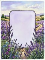 Watercolor lavender field frame with purple flowers and countryside landscape. Blank space for text, invitations, greeting cards, wedding stationery design.