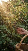 Hand picking fresh ripe blackberries from bush in golden sunlight with wicker basket for organic fruit harvest and healthy eating lifestyle.