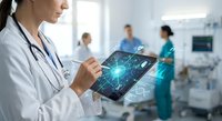 Female doctor using digital tablet with holographic medical interface in modern hospital setting with healthcare team working in background.