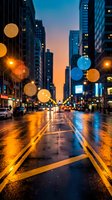 Urban street scene at dusk with colorful bokeh lights and wet pavement reflecting city illumination. Downtown avenue with skyscrapers and evening traffic.