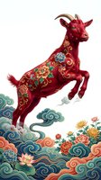 Red goat with ornate floral patterns jumping over decorative clouds and flowers in traditional Asian art style on white background.