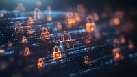 Digital padlock icons floating in cyberspace with glowing orange and blue technology background, representing network security and data protection in modern computing.