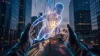 Hands holding glowing holographic human figure with illuminated internal organs and neural pathways against urban cityscape at night for healthcare technology concepts.