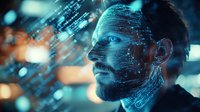 Digital facial scan with futuristic data overlay showing biometric mapping and technological interface in blue tones against blurred background.