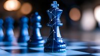 Blue chess king piece standing on chessboard with pawns in background, dramatic lighting creates strategic atmosphere and leadership concept.
