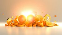 Golden cryptocurrency coins with bright glowing light effect, stacked in piles against blurred warm background, creating financial wealth concept.