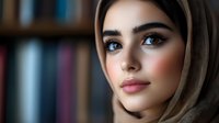 Young Middle Eastern woman wearing beige hijab with natural makeup and confident expression against blurred bookshelf background in soft lighting.