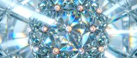 Geometric crystal sphere with glowing nodes and prismatic light refractions, creating a futuristic luxury background with rainbow reflections.