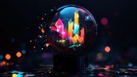 Glowing neon crystal formations inside glass sphere with magical particles and bokeh lights on dark background, mystical fortune telling concept.