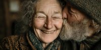 Elderly couple sharing intimate moment, senior man and woman embracing with genuine smiles, warm lighting captures love and companionship in golden years.