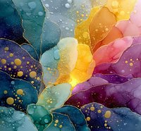 Abstract watercolor background with flowing organic shapes in vibrant rainbow colors featuring golden bubbles and fluid paint textures for creative designs.